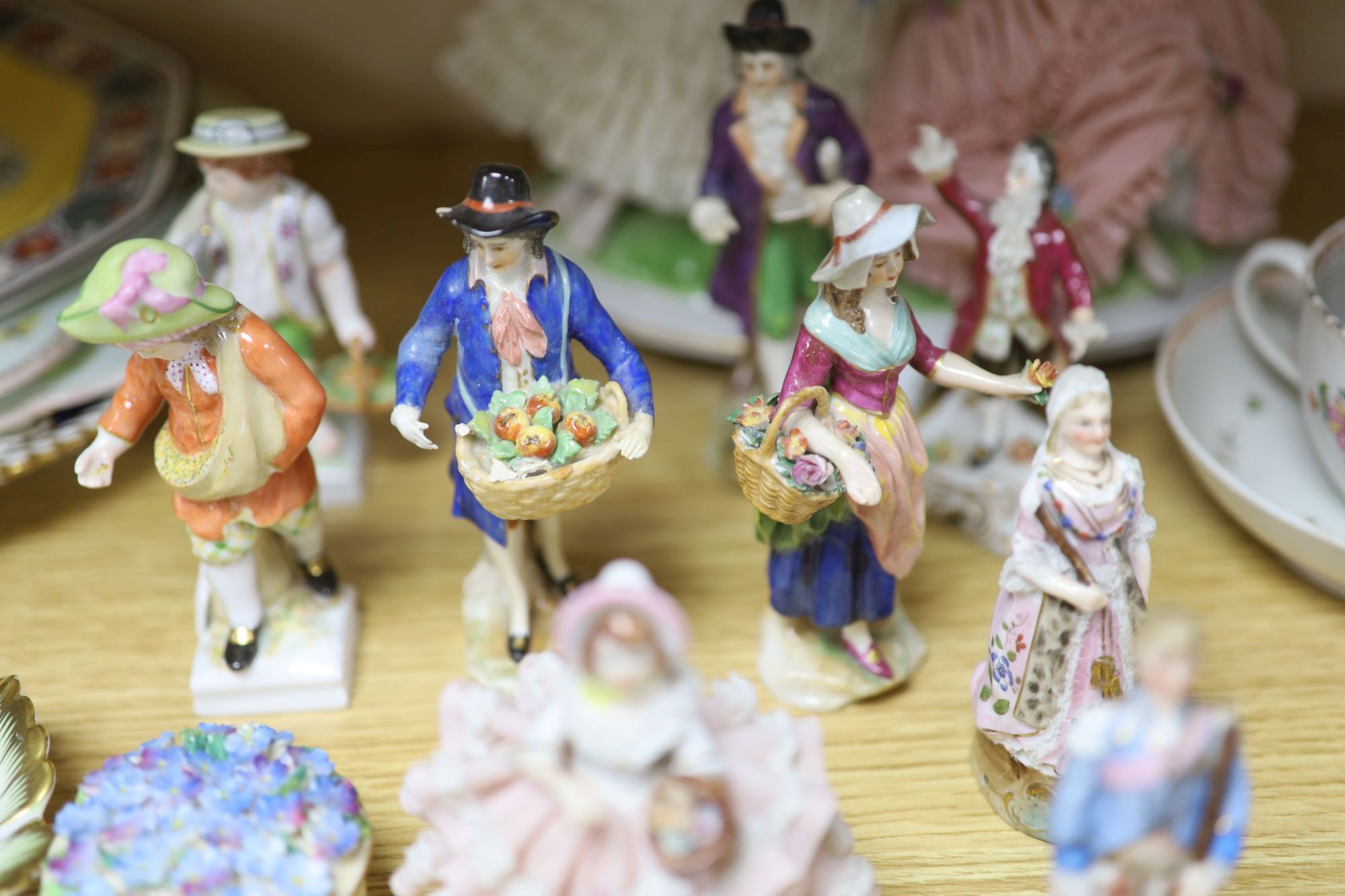 A group of Continental porcelain figures and groups, largest 20cm high and various plates, dishes etc.